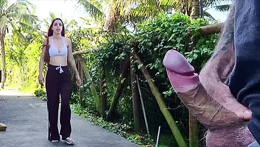 Risky handjob for hot redhead on the walk in the park in public!