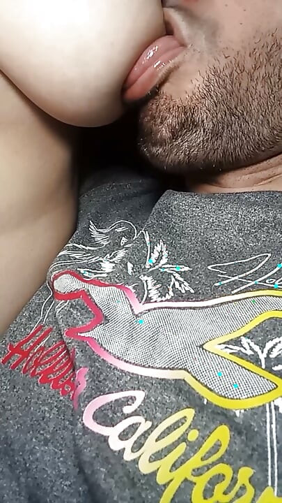 I'm a lucky guy! I always have the big natural tits drooping on my face to suck and lick her nipples