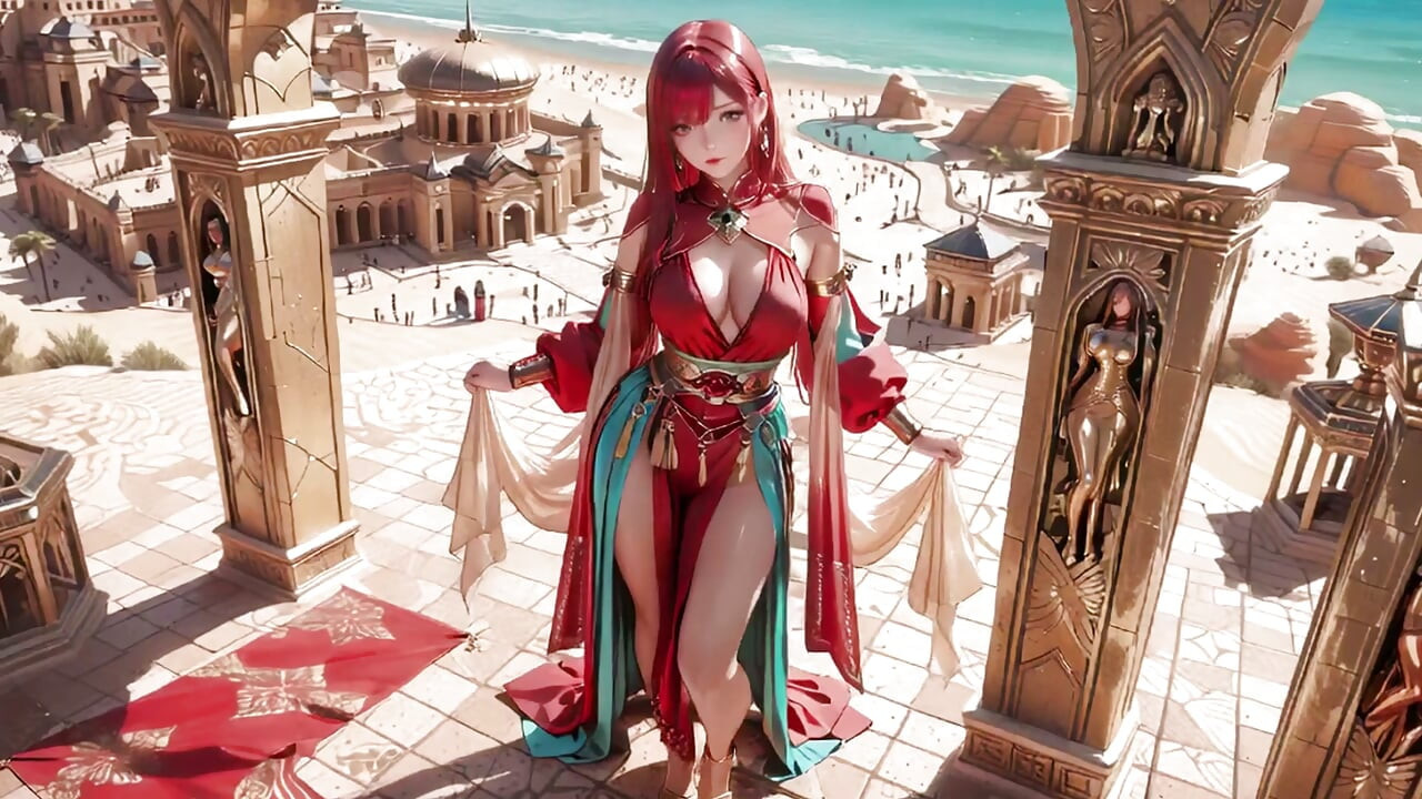Red Queen in the Desert! Lazy Afternoon in the Golden Palace, Backless Dress slightly damp.