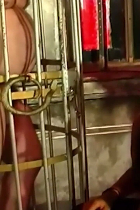 Brunette Dominatrix Teases Her Masked Caged Slave