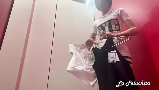 Sexy Slut Making Blowjob to Old Stranger and Drink His Sperm in the Dressing Room of Clothing Store