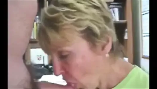 Blonde grandma sucking young dick and get cum in mouth
