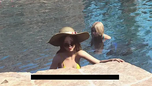 Hiro üvey kız kardeşlerle plajda Japon bikinili üvey annenin büyük götüne masaj yapıyor