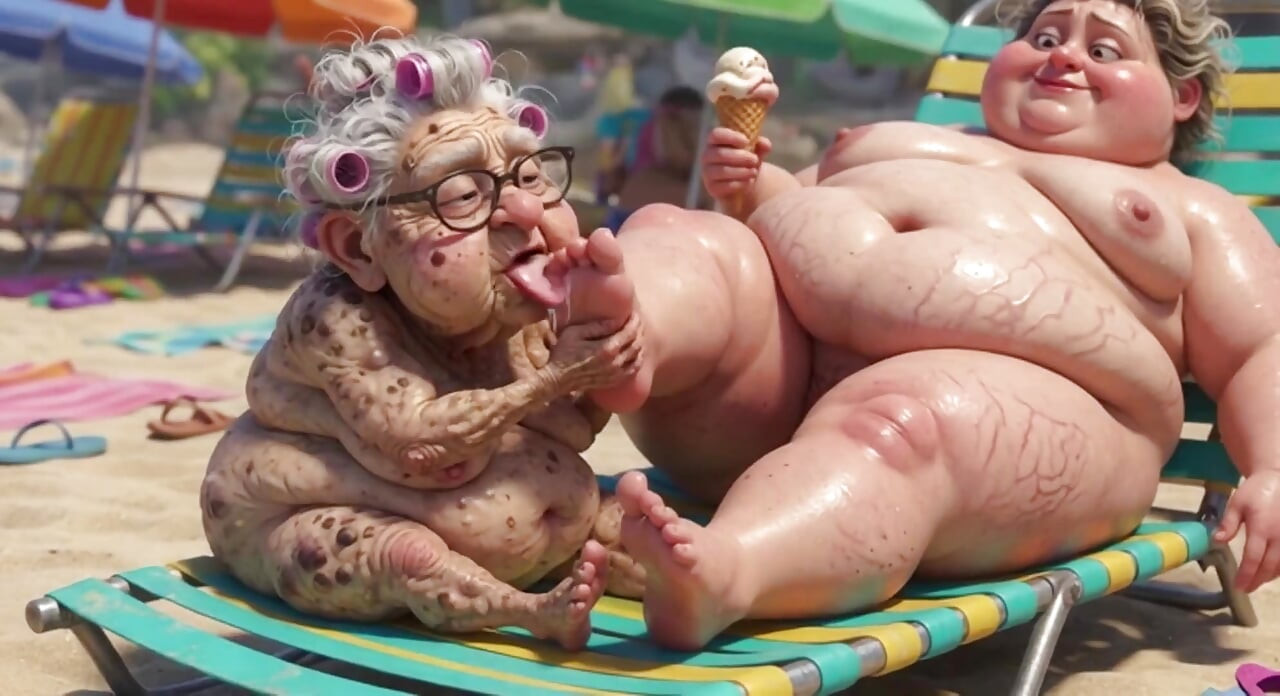 Elderly Granny Passionately Sucking BBW Feet on the Beach