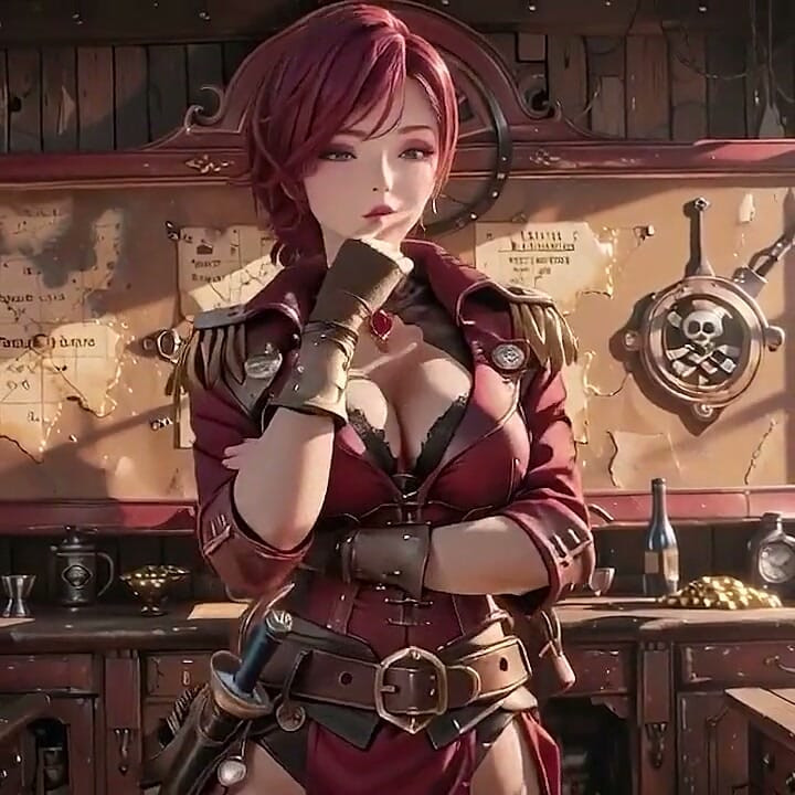 Redhead Pirate Captain! Playing with Her Cutlass in a Vintage Ship Cabin.