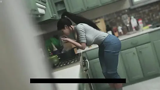 Ibu tiri Jepang pamer belahan dada saat dia lagi masak di dapur