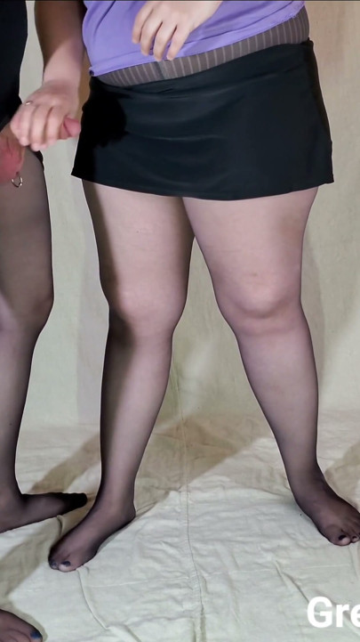 Couple Both in Pantyhose and Short Skirts -  She gets Fingered and returns the favor with a Handjob | Clip 1