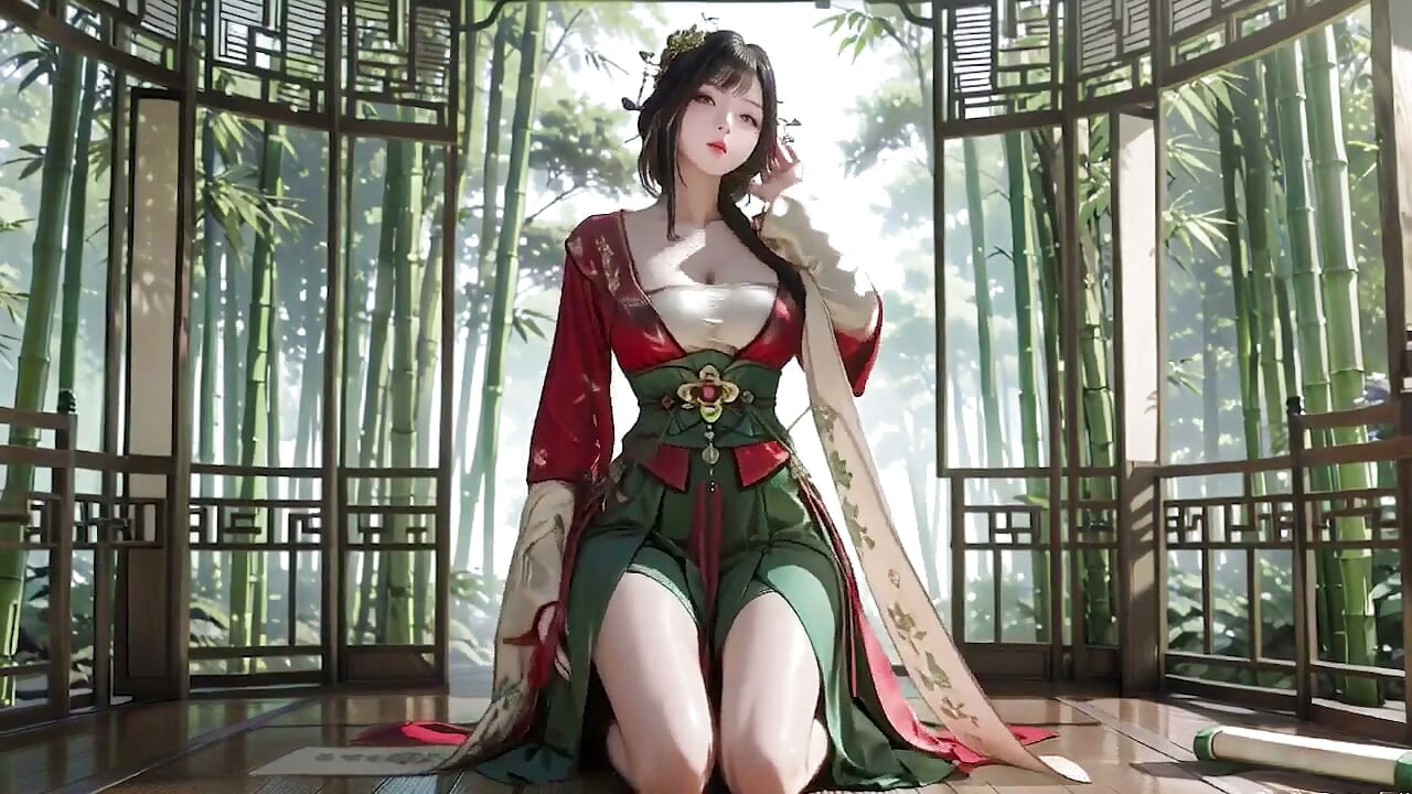 The Red-robed Goddess in a Sun-dappled Secret Garden, Lazily Turning Her Head with Golden Halos and a Coy Smile.
