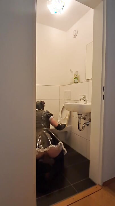 Caged Sissy Maid Slave - Cleaning the Bathroom for Mistress and Her Boyfriend