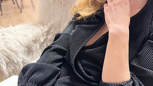 Wife exposing and playing with her juicy pussy in a hotel lobby bar in public