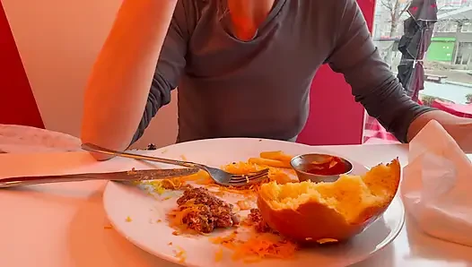 Having lunch in a restaurant wearing totaly sheer top exposing my pierced nipples and sexy boobs