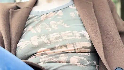 Teasing my husband in a sheer shirt exposing big pierced nipples in oudoor coffee place