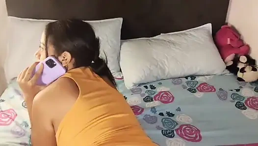 Beautiful brunette makes sex call masturbating for a follower