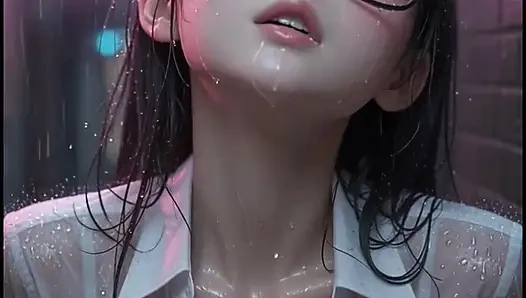 Cute Asian 3d anime girl waves you to her in the alley in the rain