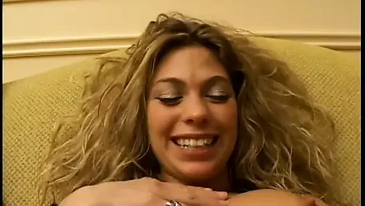 Curly haired whore enjoys licking dude's dick long time