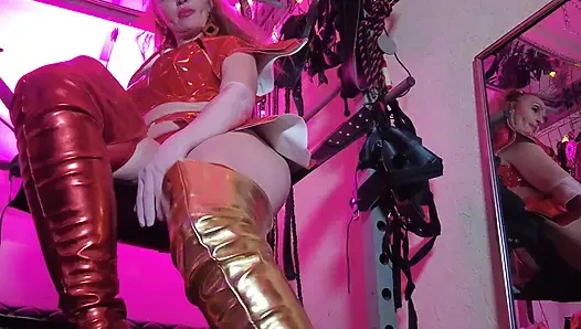 BDSM Mistress Pvc Gold Rote Vinylspielzeuge Dick Fetisch Stiefel Femdom