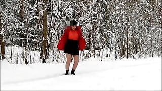 Walking in   fun MILF  mini-skirt in the woods