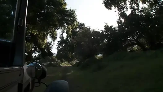 Lusty sluts are sucking and fucking two guys outdoors