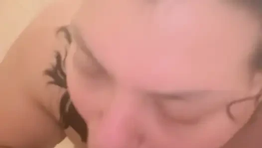 Horny Slut fucks her throat with bbc dildo in shower