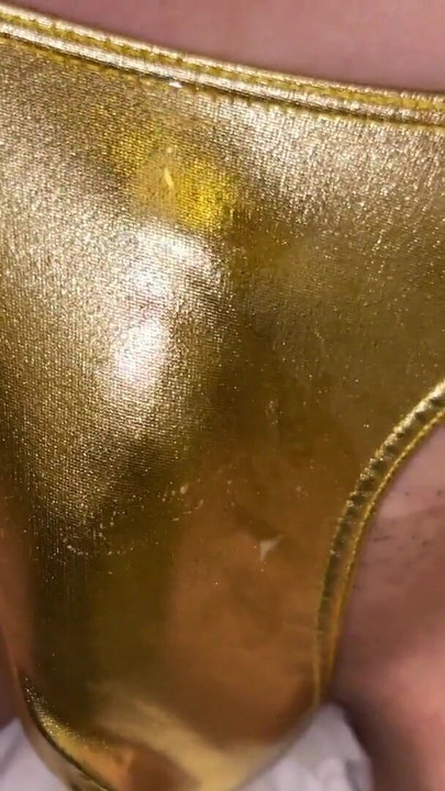 Powerful moment from "Cum in gold shiny thong close up"