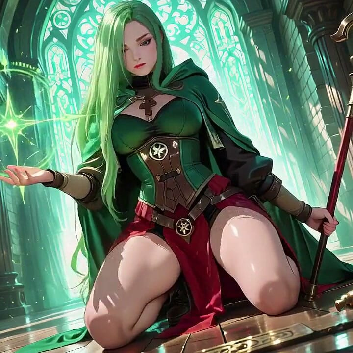 Under the Ethereal Blue Glow of a Gothic Cathedral, She Kneels with Her Staff, Eyes Locked on You.