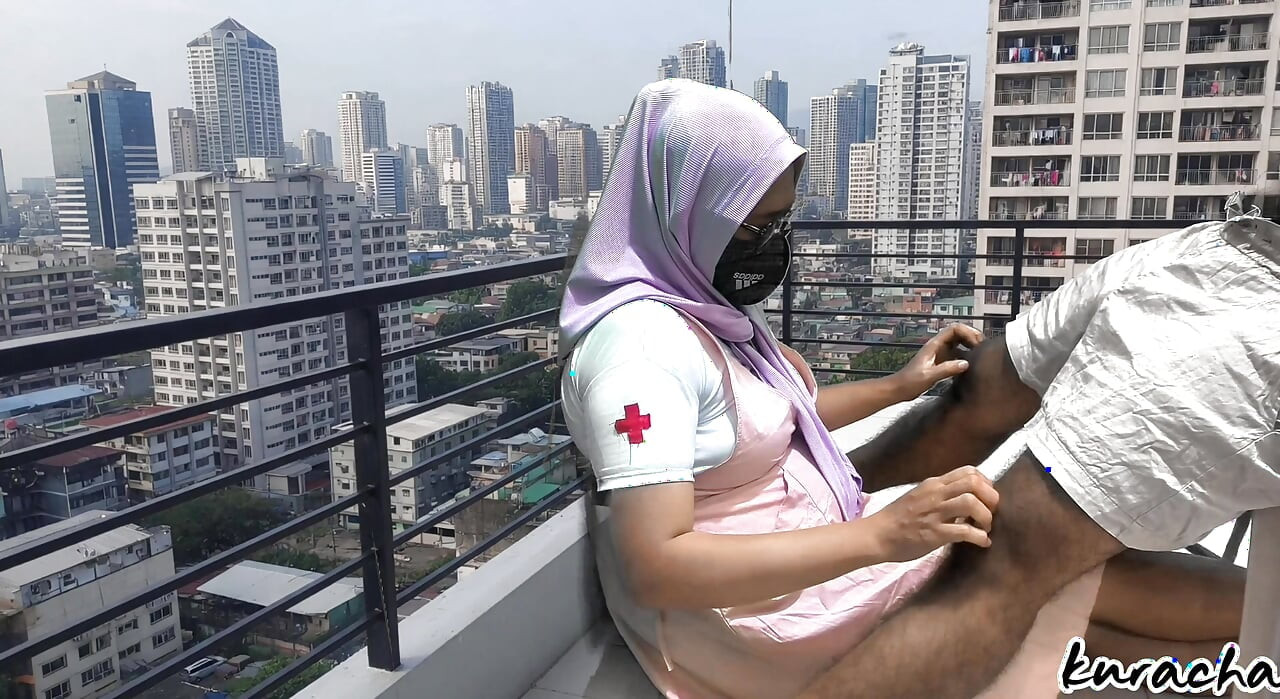 Hijab Cheating Nurse Step Sister blowjob at hospital Balcony