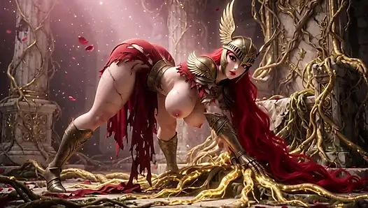 Malenia Blade dari Rutinitas Takhta Sensual Miquella dalam Elphael Yang Membusuk dengan Baju Besi dan Pose Mesra