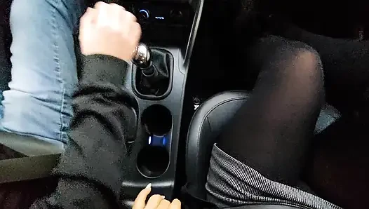 My stepmom teases me in the car with her legs in nylons