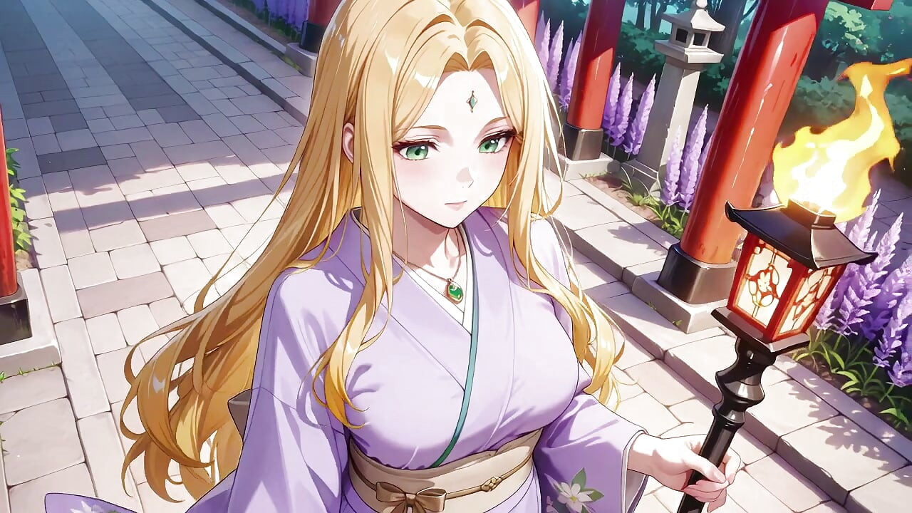 Blonde in Lavender! Kneeling barefoot under the red Torii gate, her andouf fluttering in the breeze.