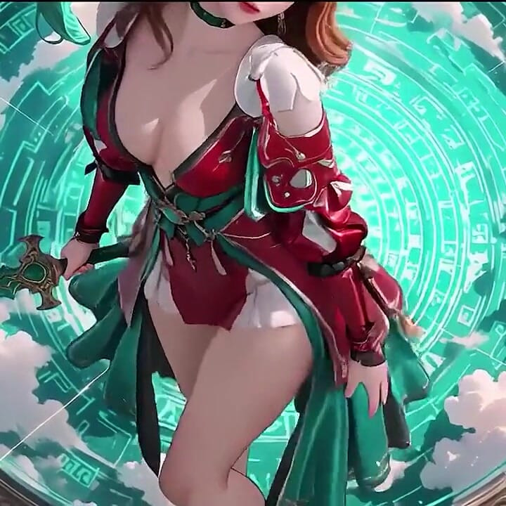 The Red-clad Blade's Private Tease! Green-haired Warrior in a Black-red Battle Robe, Commanding yet Shy on the Floating Terrace.