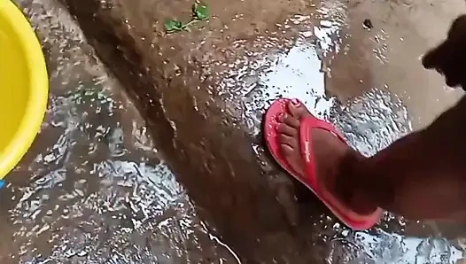 Curved shaped gf blooming outside,naked feeling herself