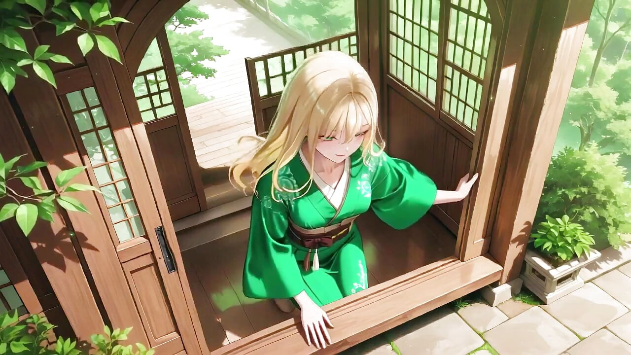 Green Kimono Fantasy in the Bedroom! Sunlight Hits Her Bare Legs as She Kneels and Teases Herself