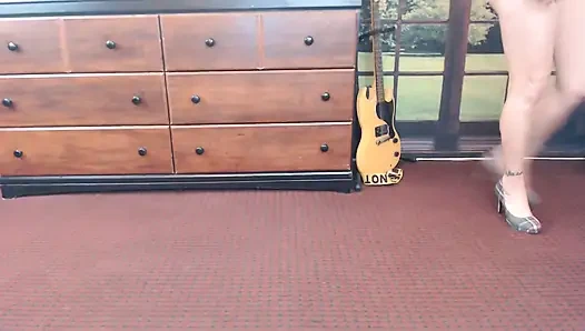 Walking in gray plaid pumps