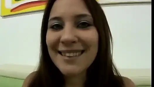 Brunette skank strips to give POV blowjob then takes cumshot from behind