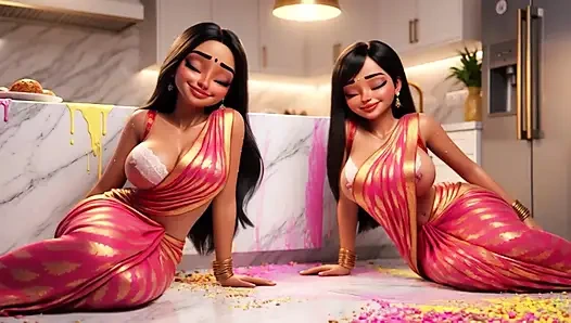 İki şehvetli Hintli lezbiyen geleneksel külotsuz elbisesini ortaya koyarak dört ayak üzerinde mutfak zeminini temizliyor