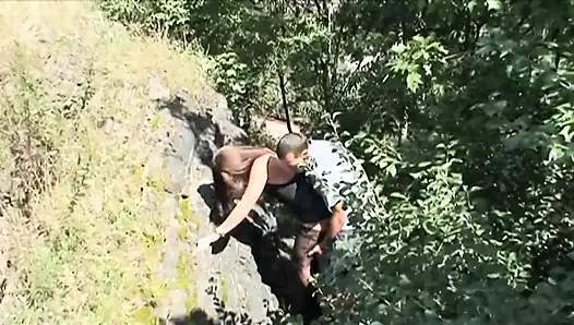 Young and sexy brunette in black stockings gets fucked in common places