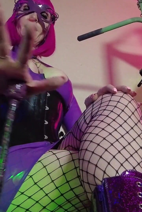 Fetish Rubber Dominatrix Eva Latex Purple Dress Mask Big Ass MILF Toys BDSM Femdom Solo Hot