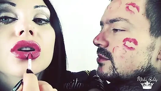 Covering Alex with red shiny lipstick kisses all over his face!