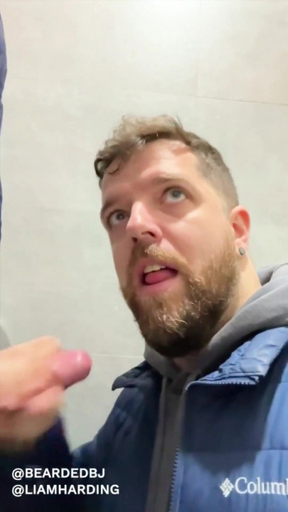 hot daddy with big cock gets sucked in public bathroom by sexy bear | Clip 1