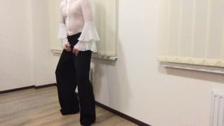 Blouse and wide pants. Secretary jerking