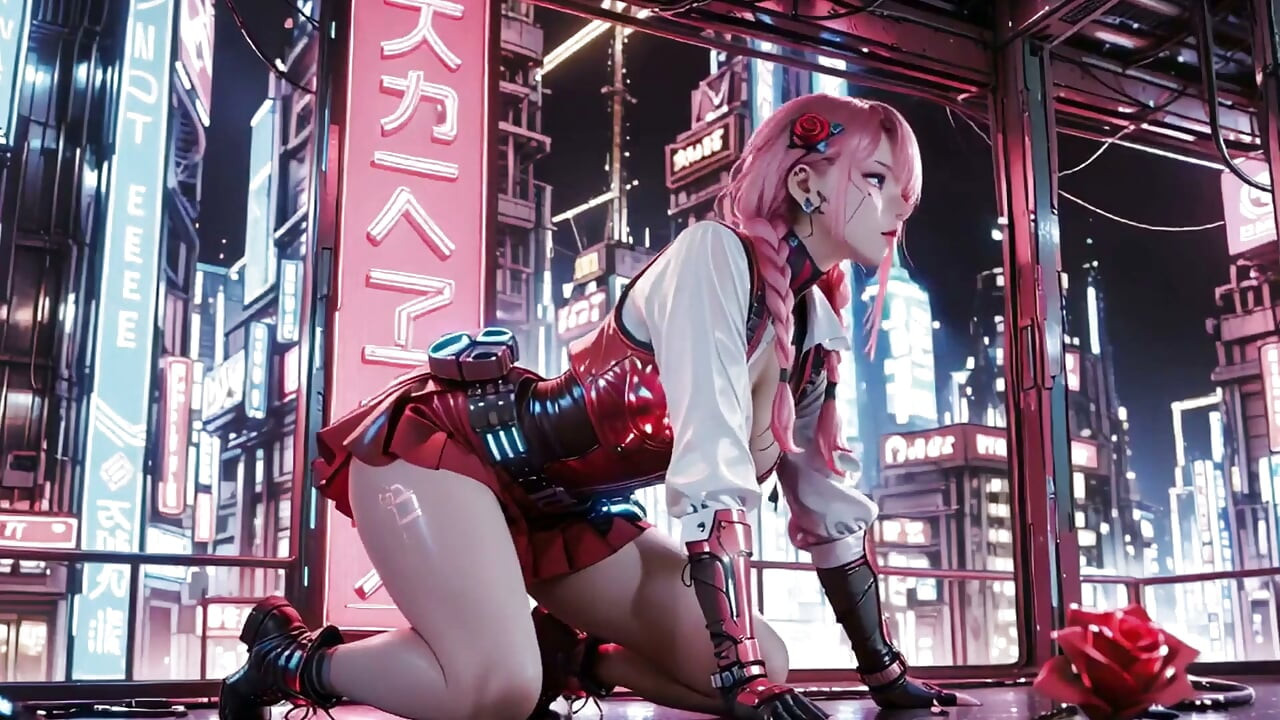Guerriero Mech dai capelli rosa! Inginocchiato in neon streets, Red Rose e Fredda armatura contrasto.