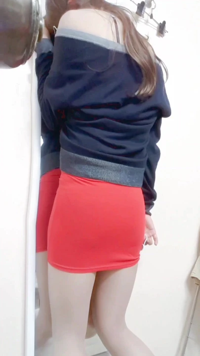 Young asian sissy in tight red short skirt, pantyhose and highheels insert vibrator inside her and get orgasm