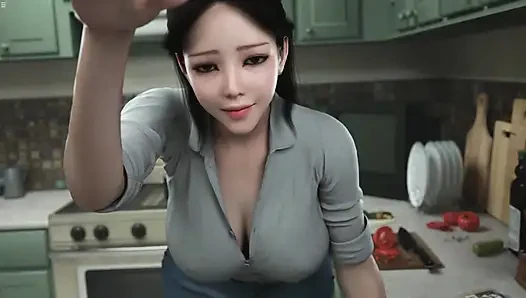 Ibu tiri Jepang pamer belahan dada saat dia lagi masak di dapur