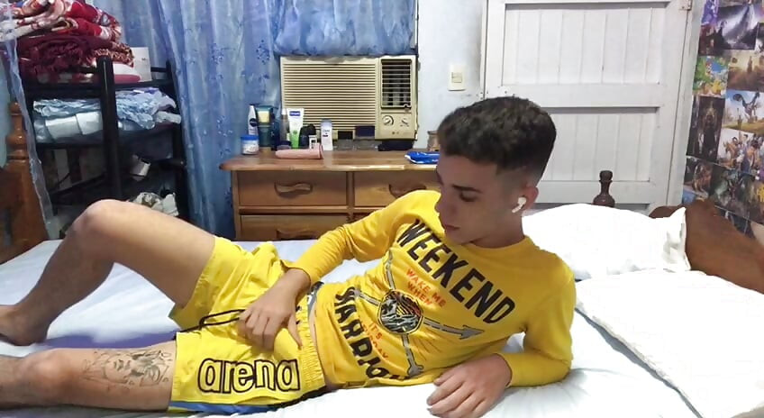 Energetic Latino twink CubaBoy wanks in his football wear, then in his underwear, and then in his own cum