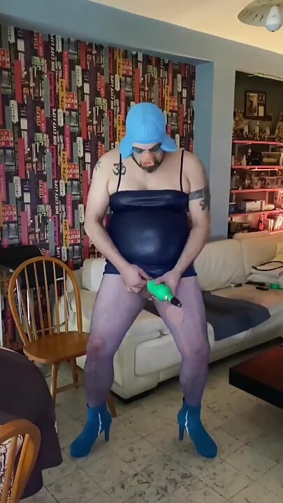 Dirty sissy whore in blue outfit playing hard ass to mouth sex