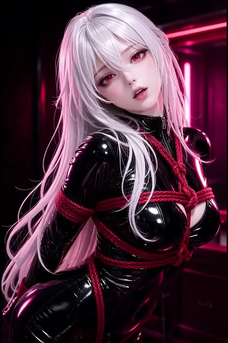 Anime bondage, white hair, black latex red ropes