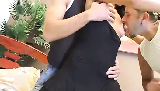 Two horny bisexual men fuck one babe with small boobs