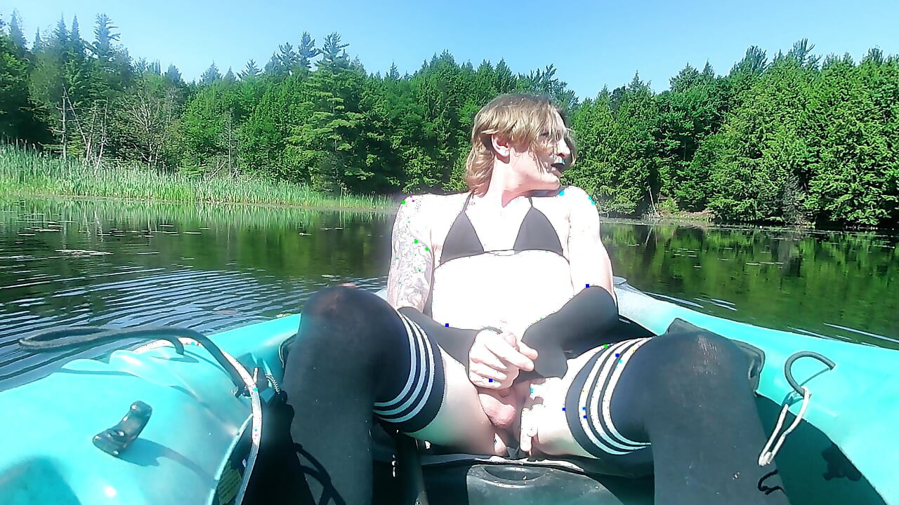 strawberry blonde goth femboy in black bikini & thigh socks, nature kayak session - solo cum in cove