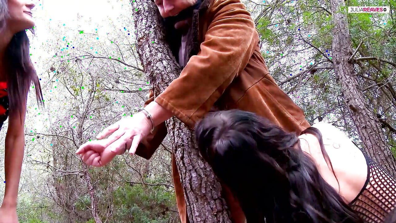 Skinny girl sucks two huge cocks then rides them hard on the ground