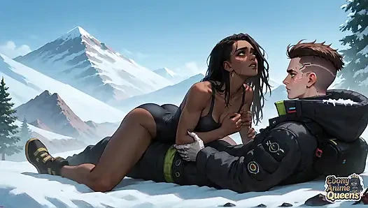 Siyah bir tatlım kar yağışlı bir dağ tepesinde dört ayak üstüne çıkıyor, devasa bir keski ve süper ateşli xxx için hazırlanıyor